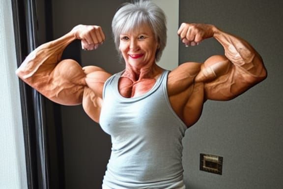 Muscular Bodybuilder Grandma Flexing Biceps