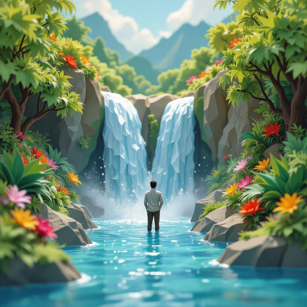Man Stands in Majestic Waterfall in Origami Style