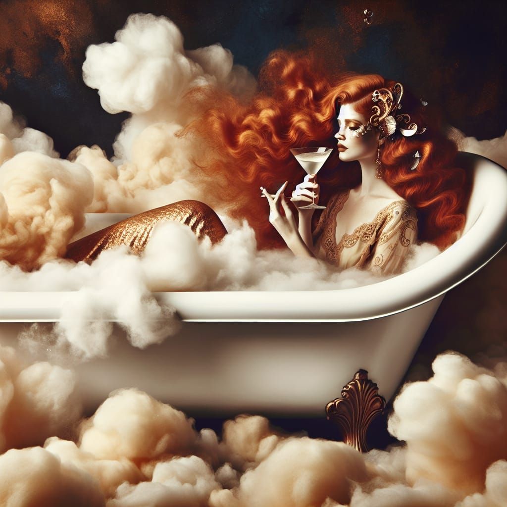 Hispanic Mermaid Bathes in Clouds, Pre-Raphaelite Fantasy