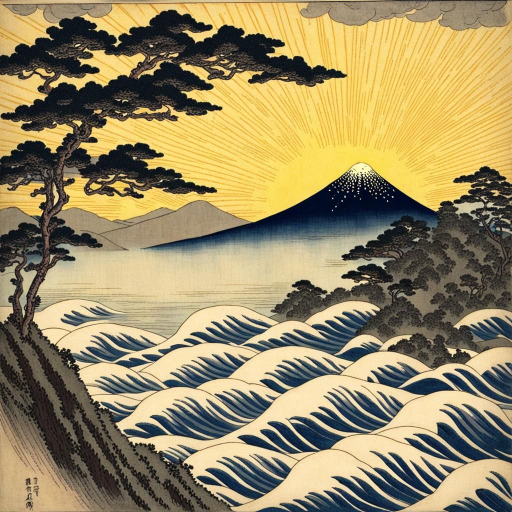 Sunshine Rays Through Rain in Hokusai Style