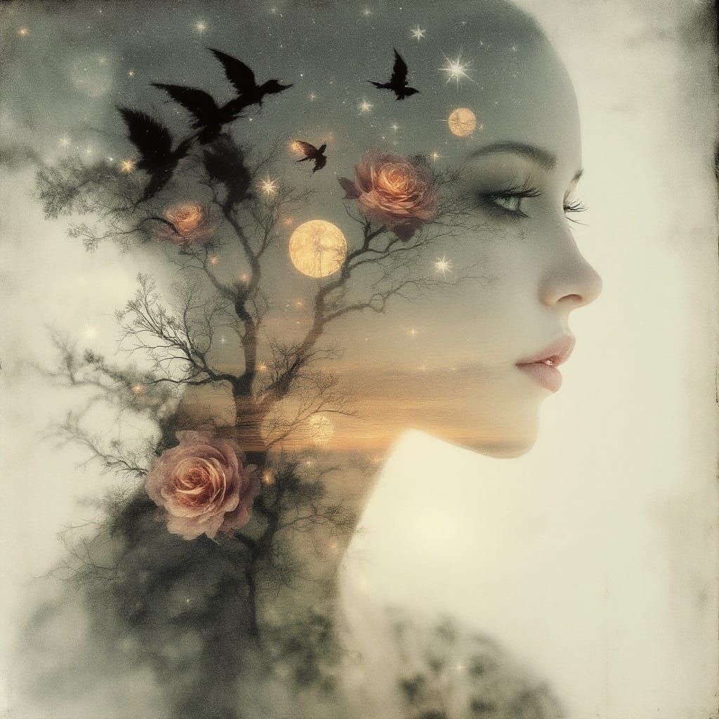 Girl Flees Home by Starlight in Double Exposure