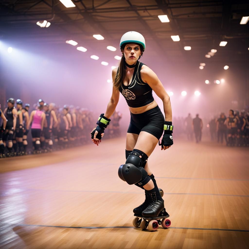 Roller Derby Action Scene in Neon Lit Arena