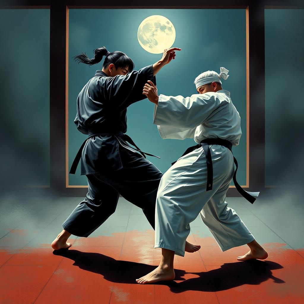 Martial Artists Clash in Moonlit Dojo
