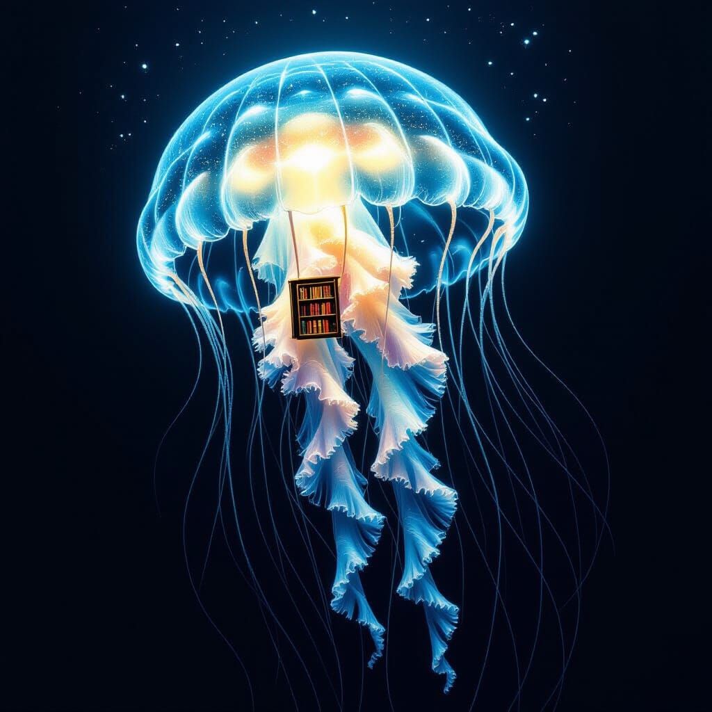 Bioluminescent Jellyfish Librarian in Deep Ocean