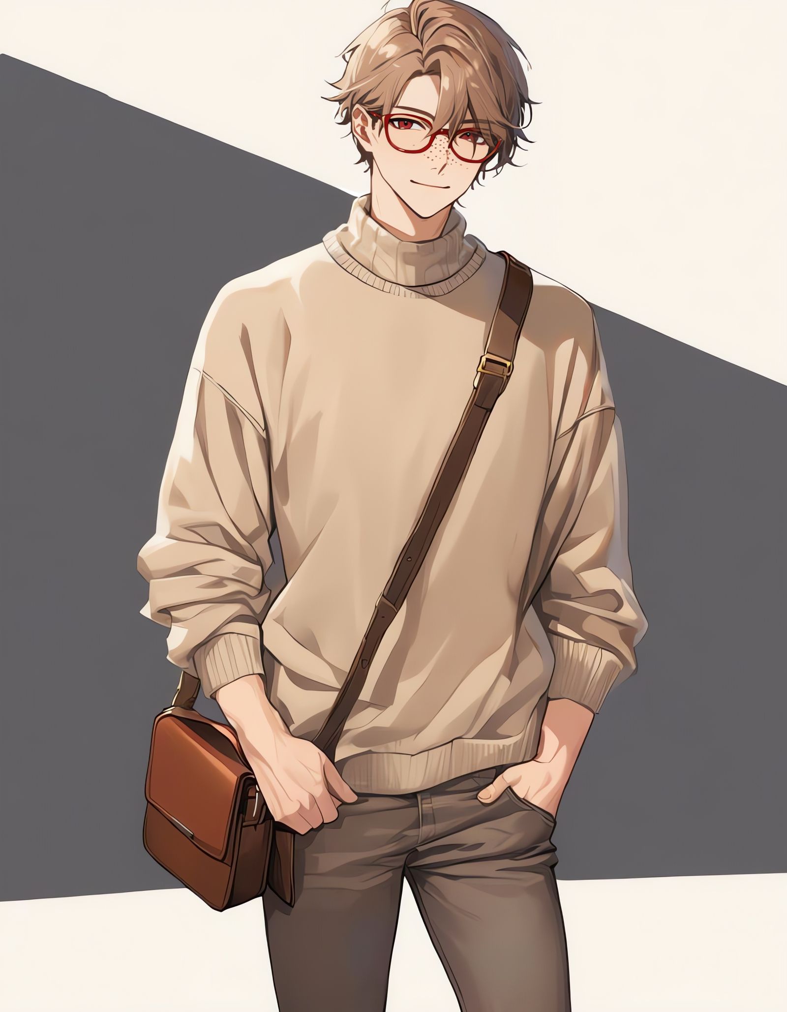 Smiling Bishounen with Red Eyes and Beige Turtleneck