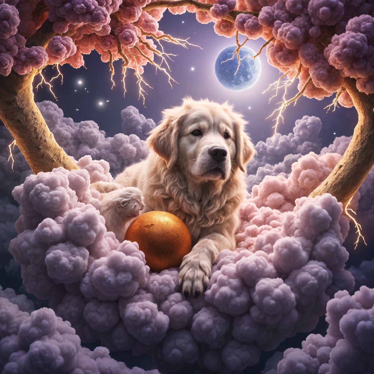 Golden Retriever Cloud Hammock: Dreamy Surreal Scene