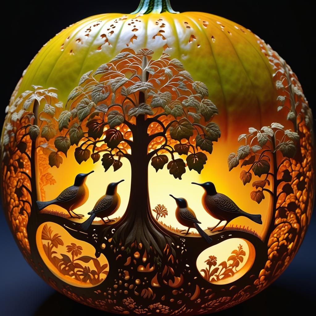 Intricate Gourd Carving with Luminescent Details