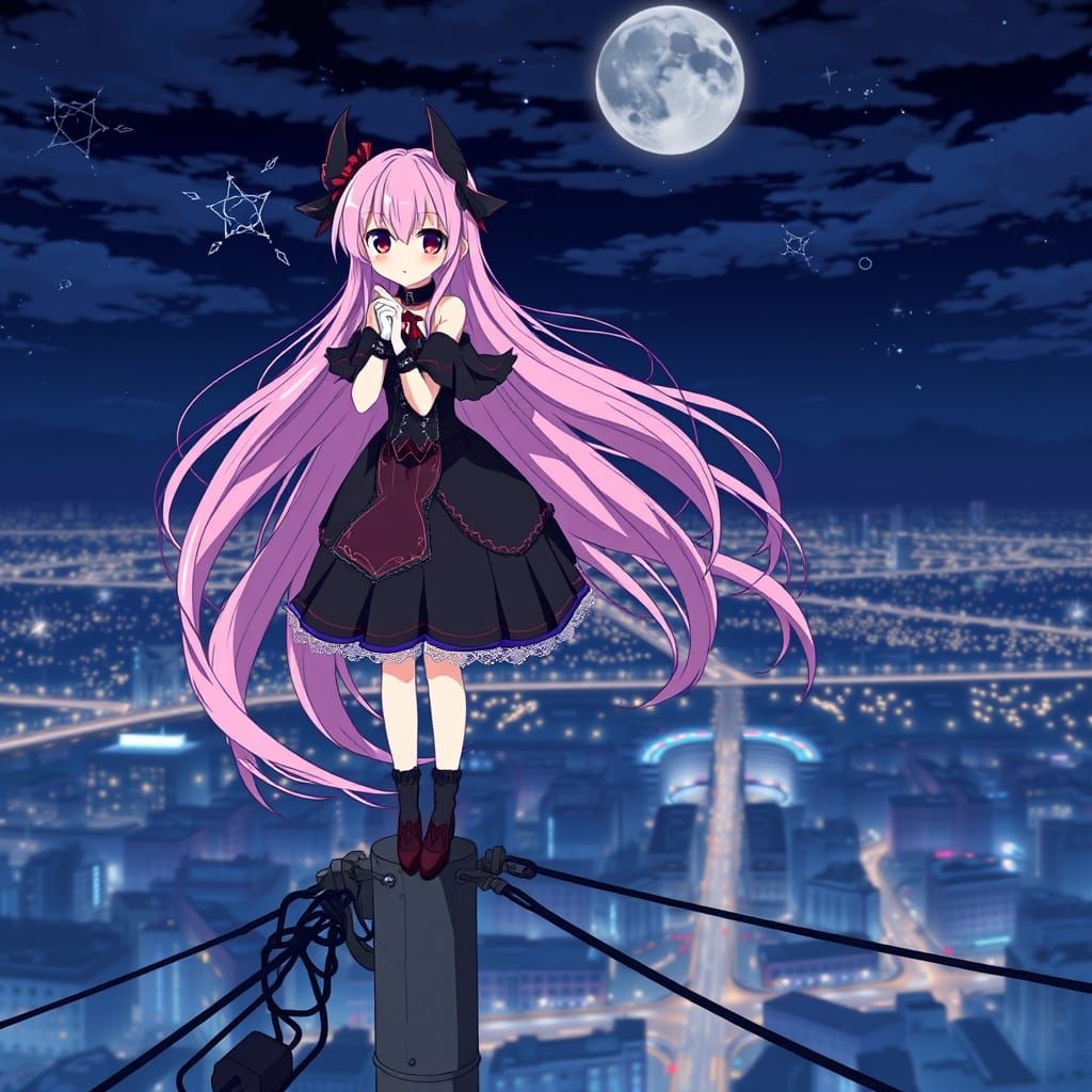 Gothic Magical Girl Watches Over City Night