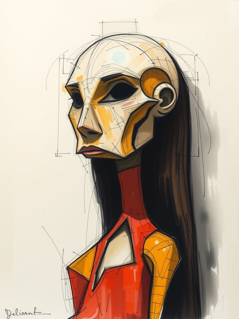 Surreal Humanoid Charcoal Drawing with Pastel and Ebru Paint