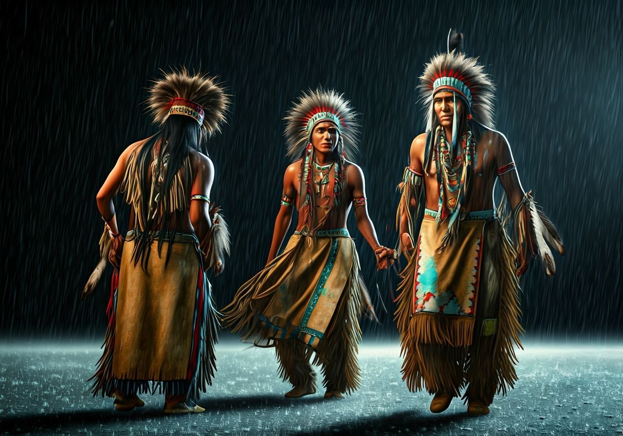 Native Americans Performing Rain Dance Under Stormy Night Sk...