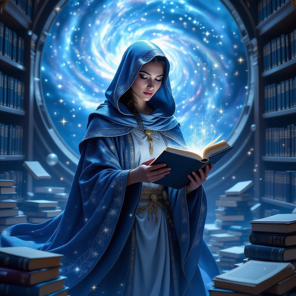 Celestial Librarian Among Stardust-Bound Books