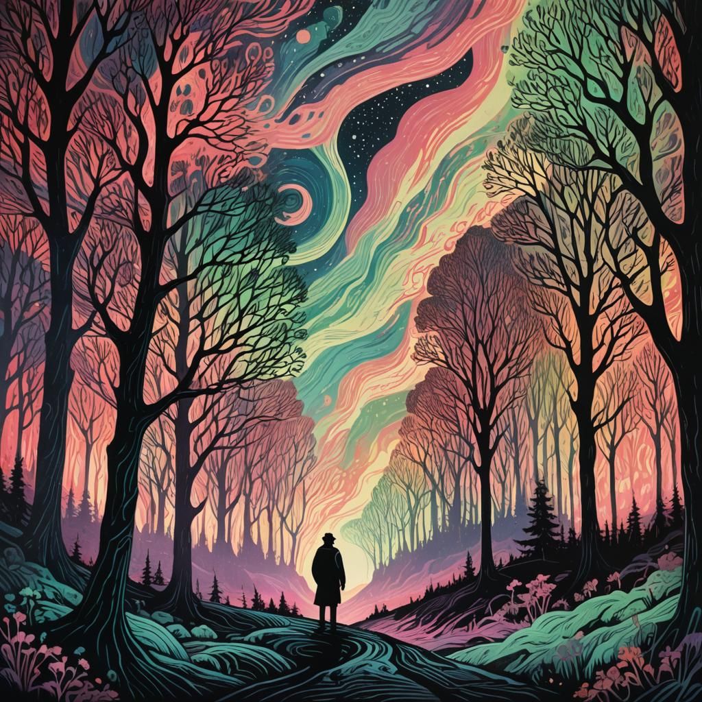 Mystical Forest Figure in Expressive Linocut Style