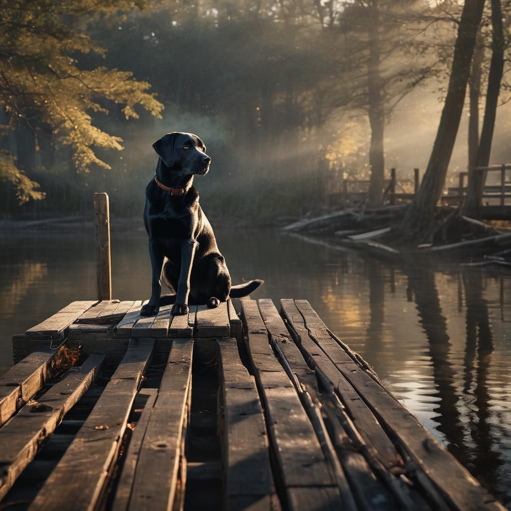 Black Lab on Dock at Golden Hour