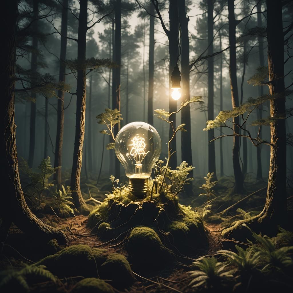 Luminous Forest in a Light Bulb: Surreal Concept Art
