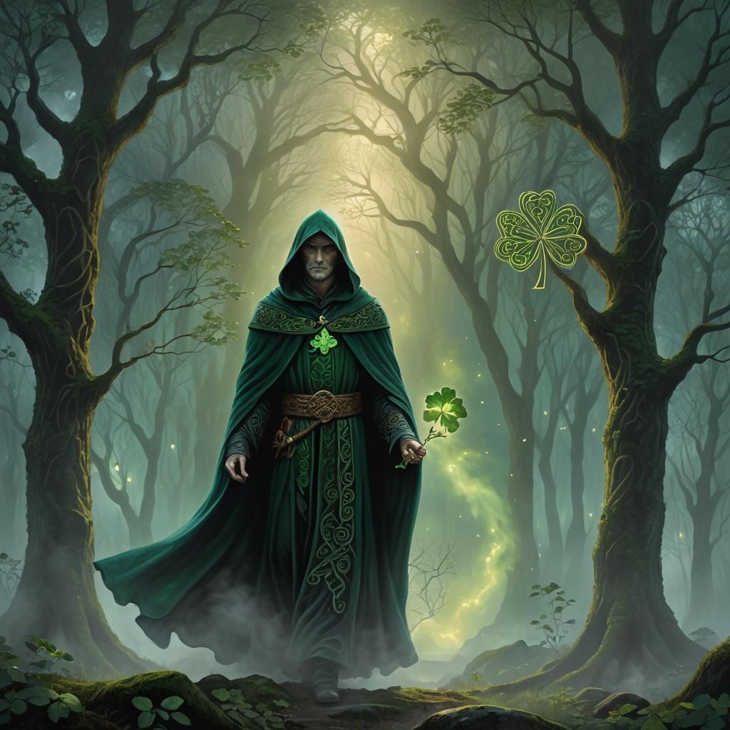 Mystical Celtic Figure with Glowing Shamrock