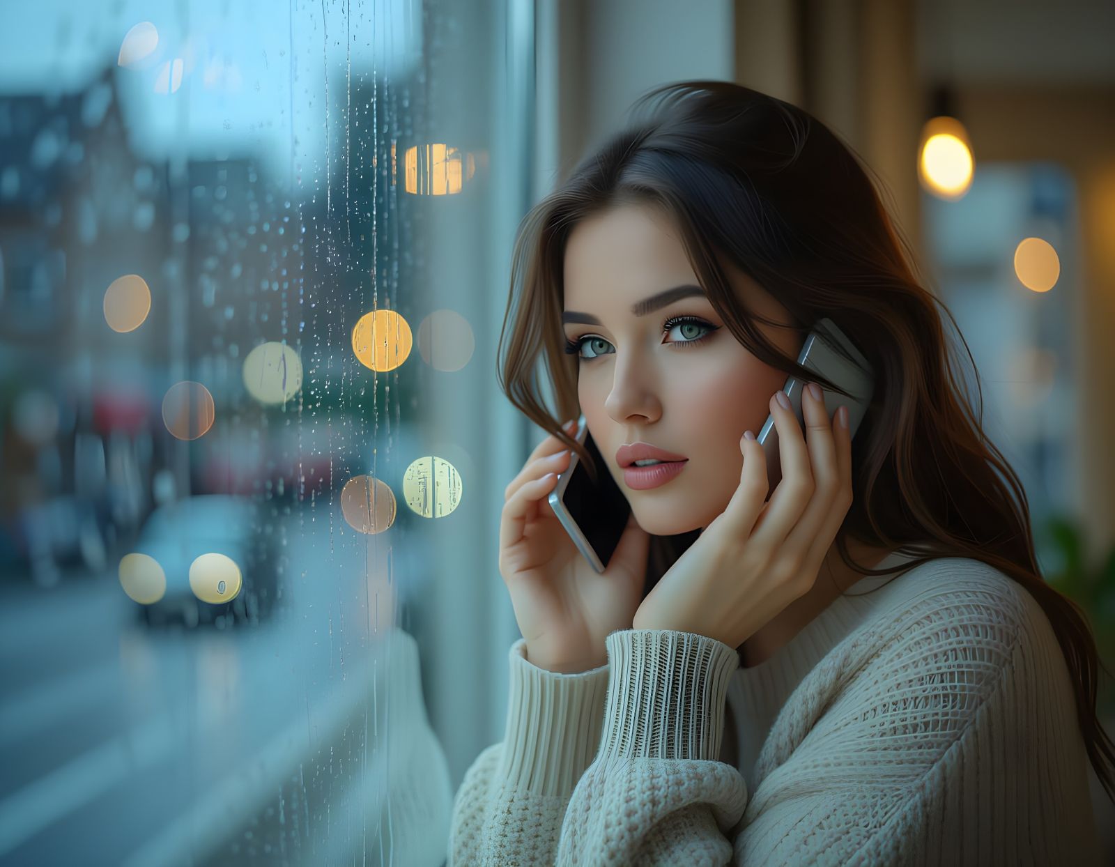 Woman on Phone by Window in Hyperrealistic Style