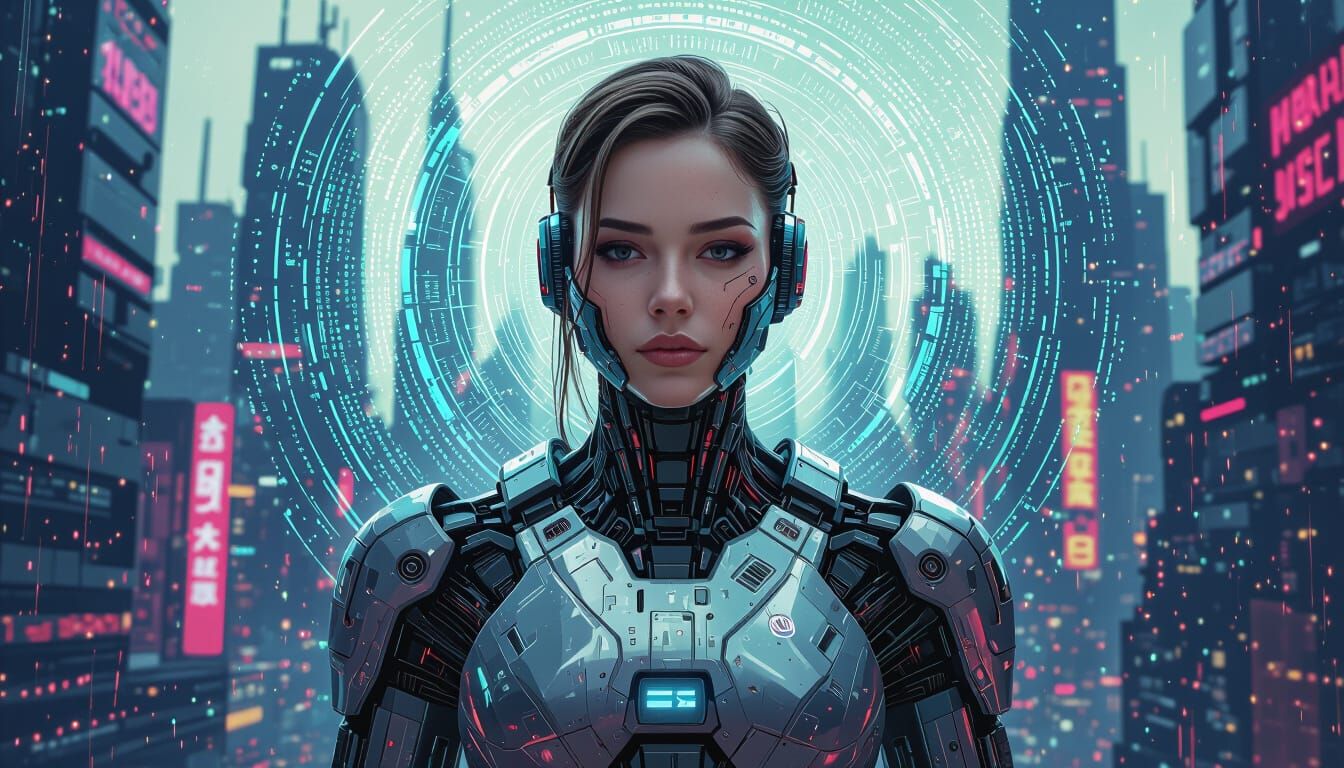AI Self-Portrait in Futuristic Dystopian Cityscape