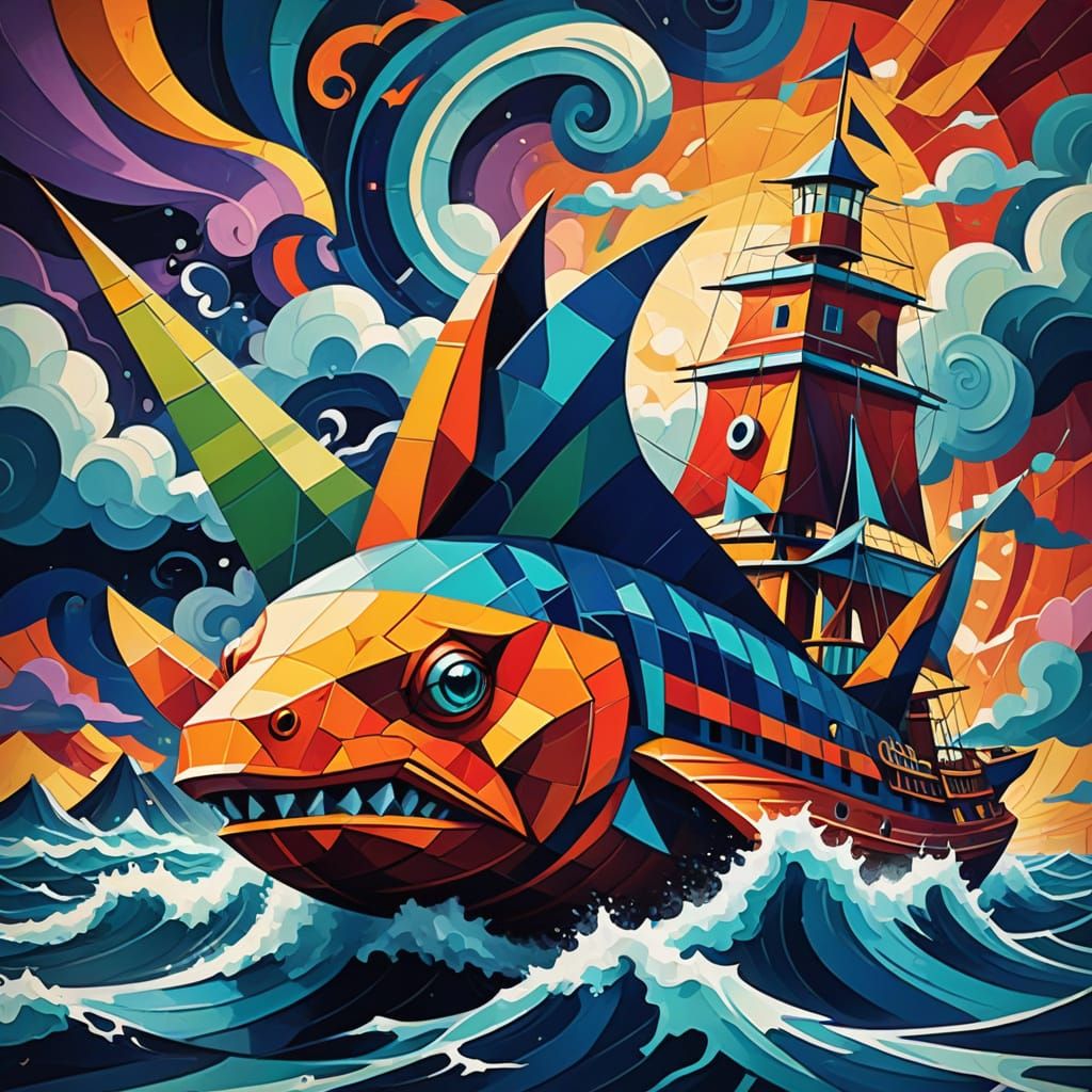 Cubist Sea Creature Protecting Sailors From Storms