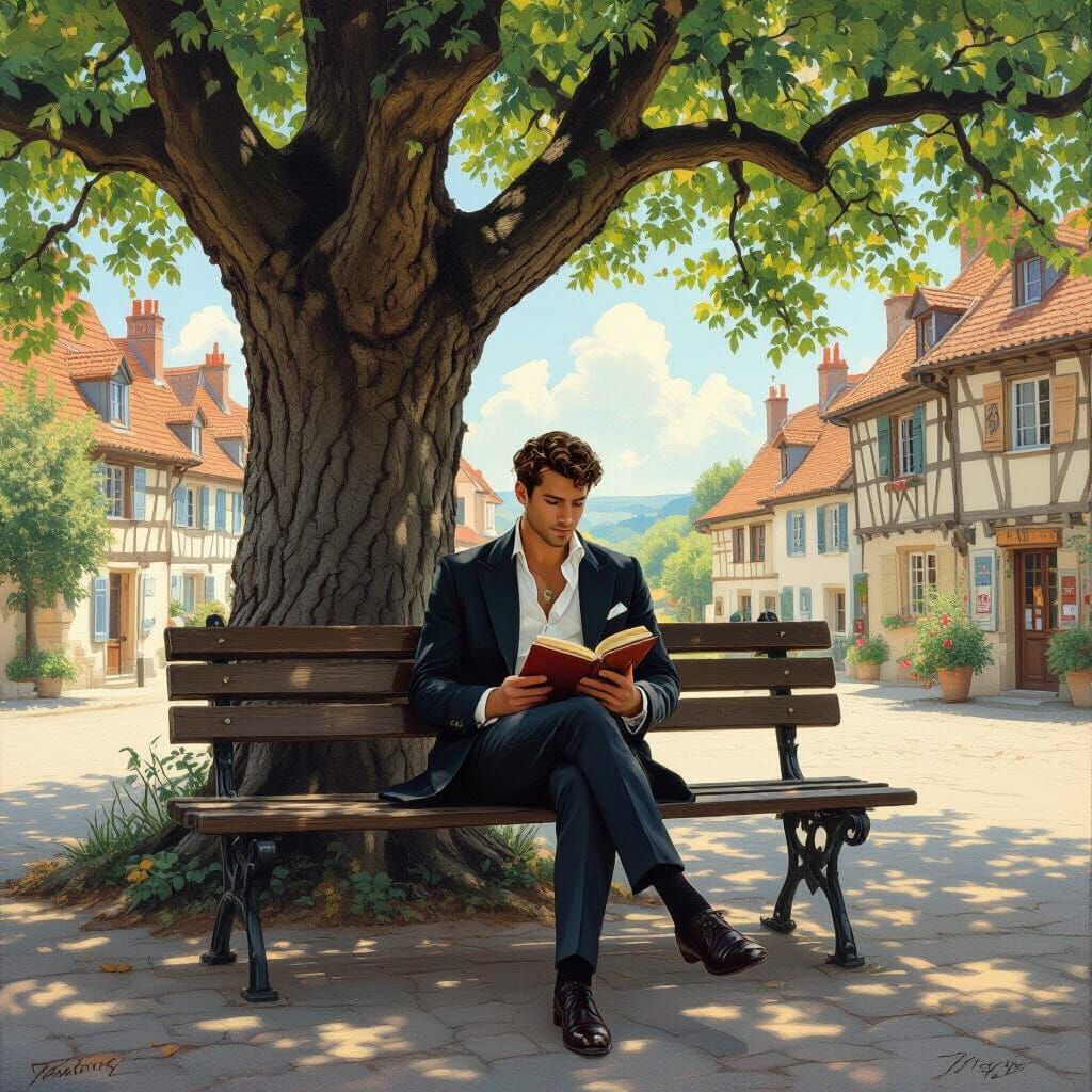 Gay Man Reading Under Oak Tree in Village Square