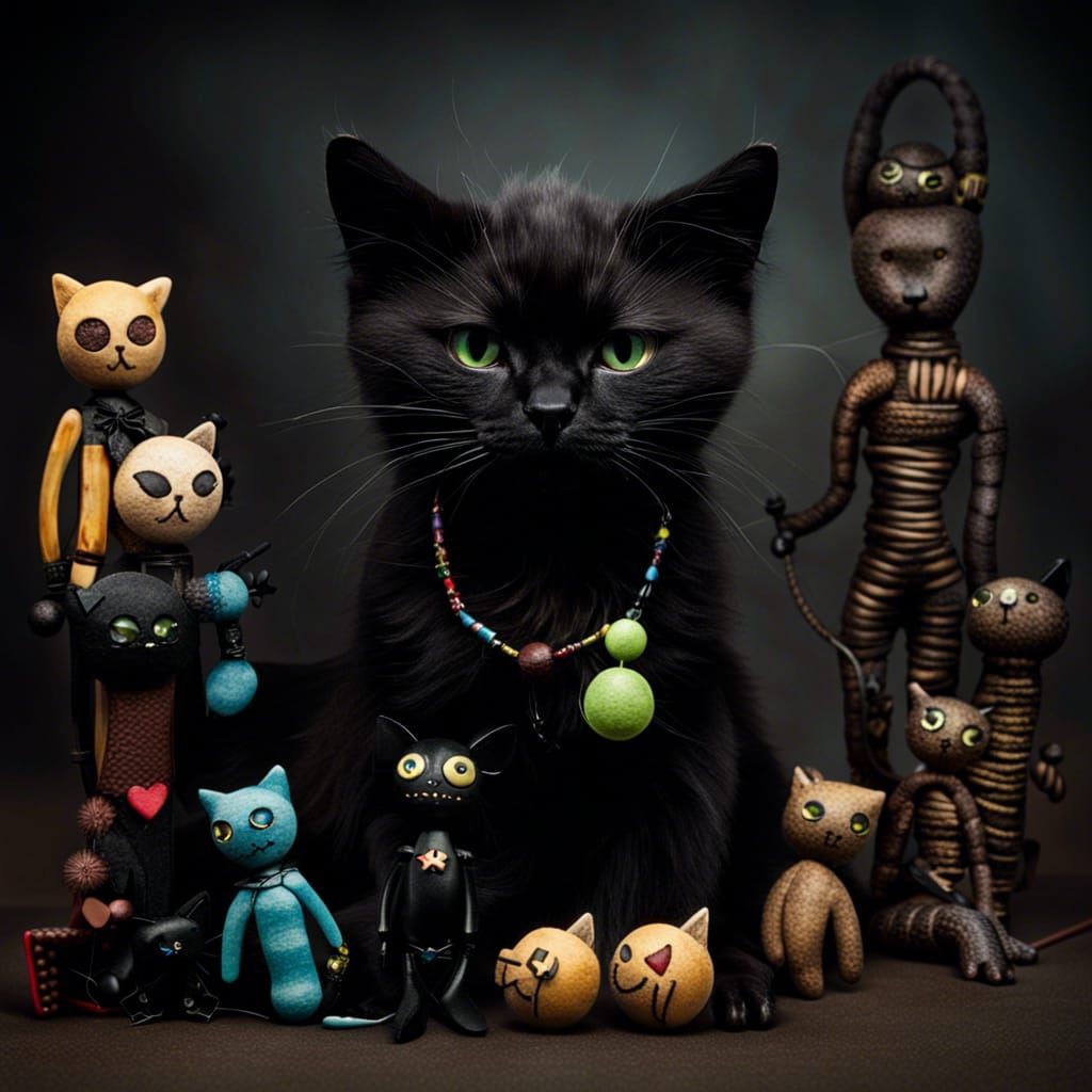 Black Cats Play with Voodoo Dolls