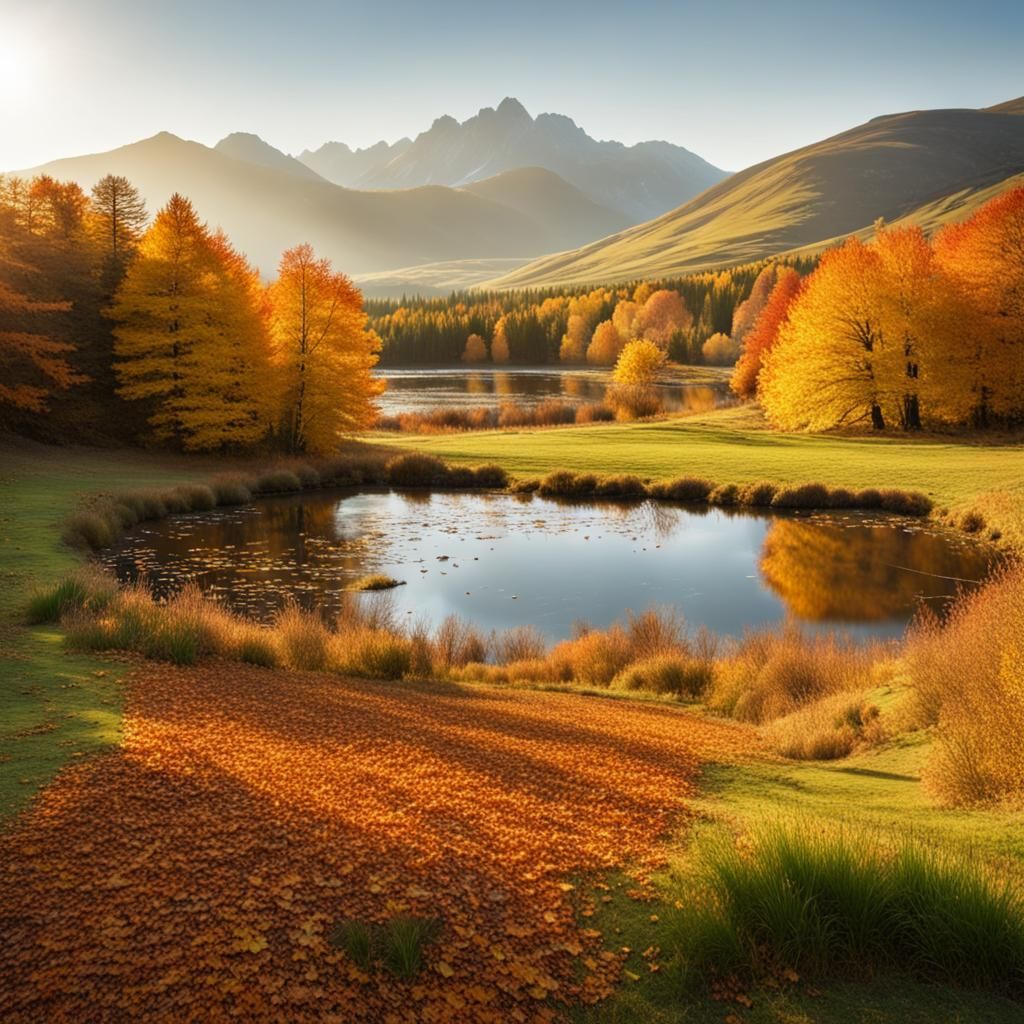 Autumn Leaves Reflect Golden Sunlight on Pond