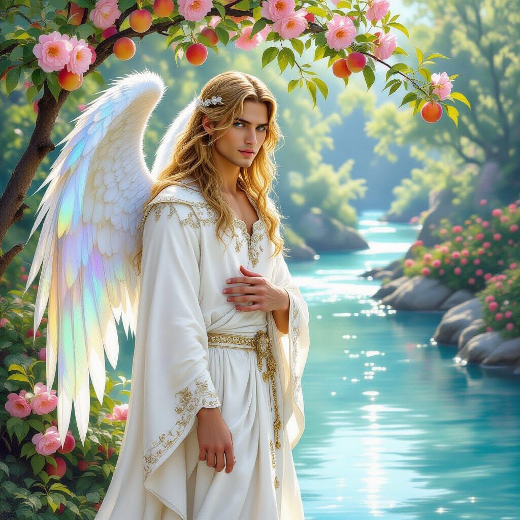 Male Angel with Rainbow Wings in Pre-Raphaelite Style