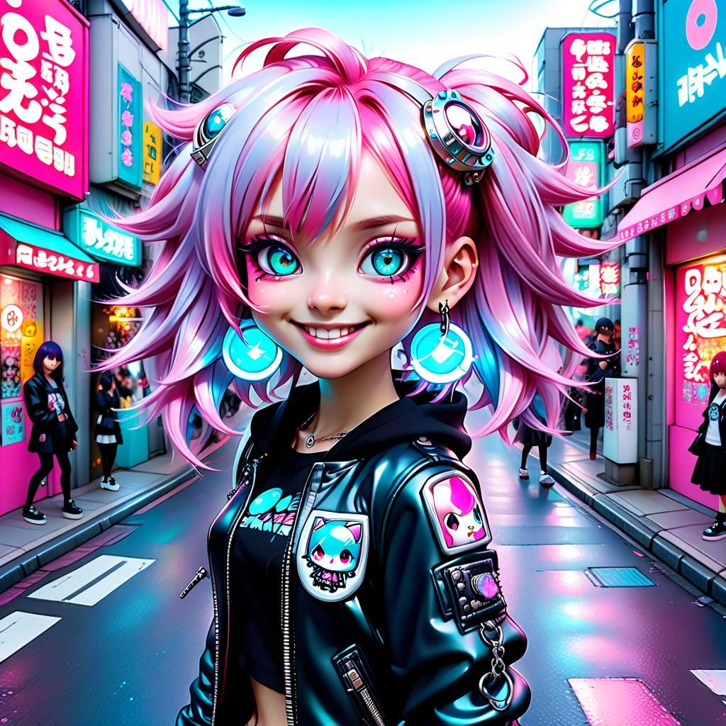 Pink-Haired Punk Chibi Girl in Harajuku Style