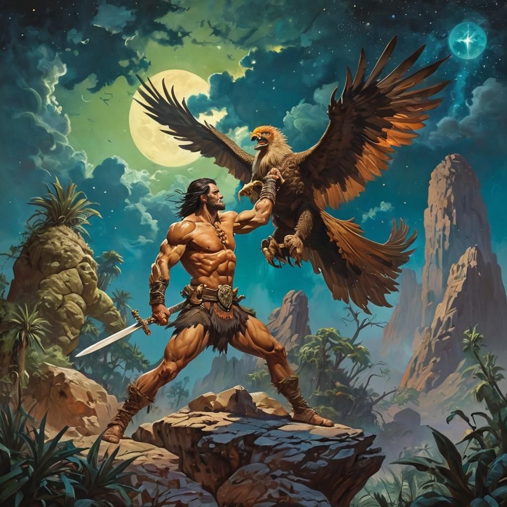 Barbarian Battles Giant Bird on Alien World