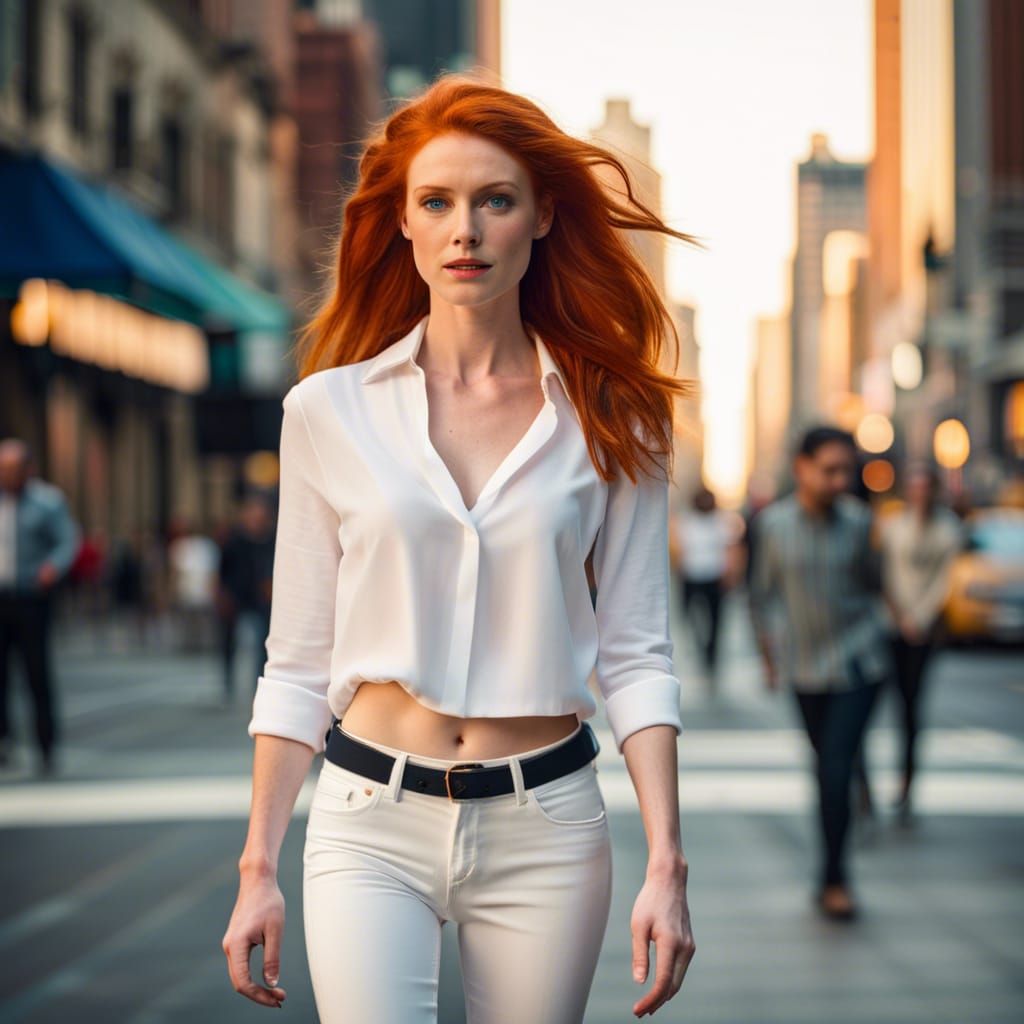 A tall and beautiful redhead woman with blue eyes. She is we...