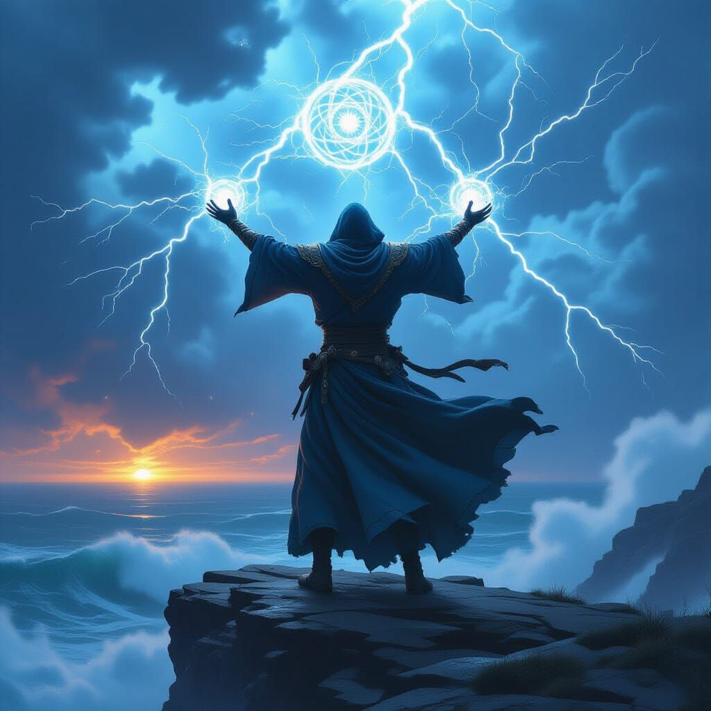 Epic Fantasy Mage Summons Storm in 2.5D Style