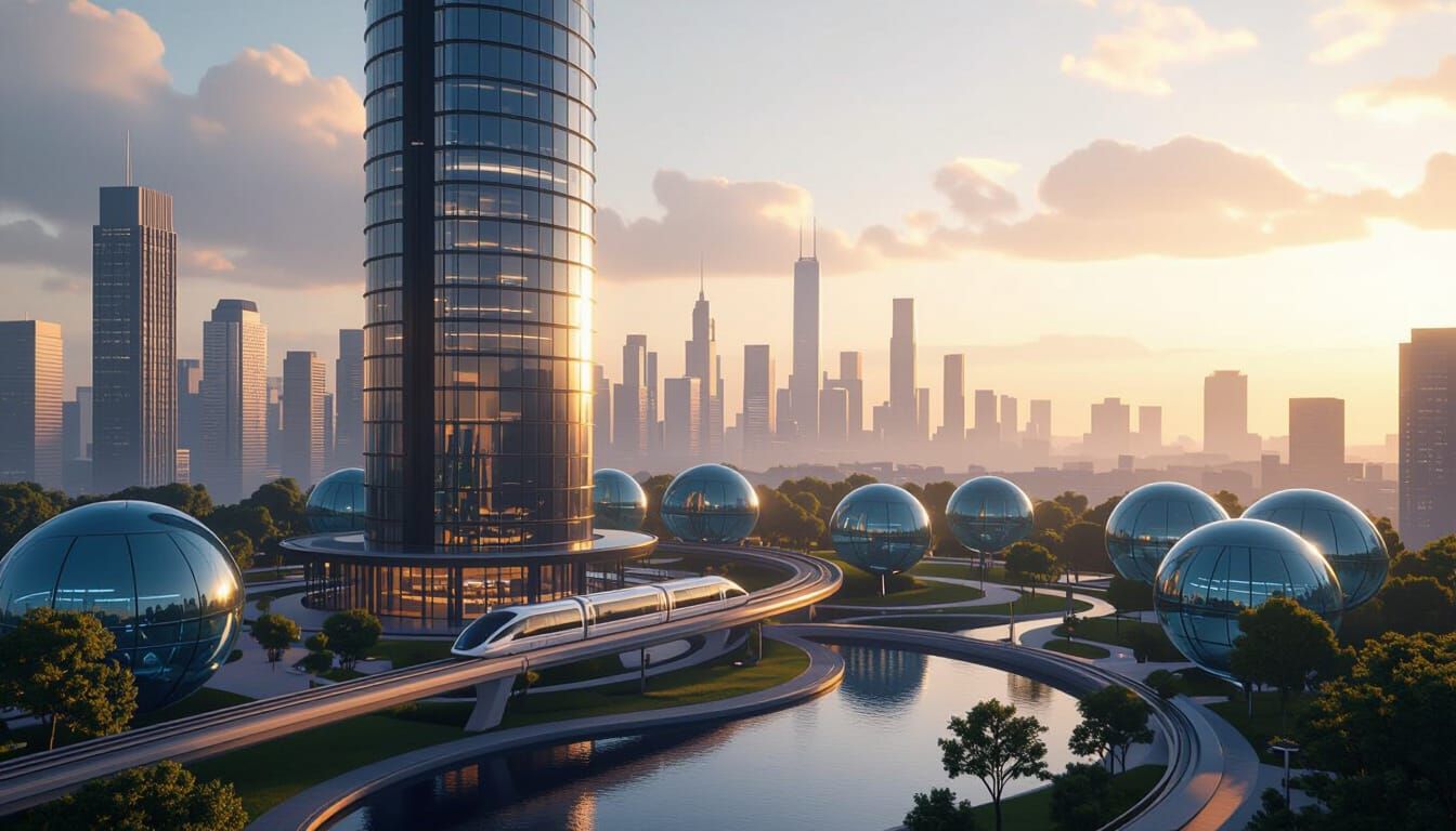 Futuristic Cityscape with Cylindrical Skyscraper at Golden H...