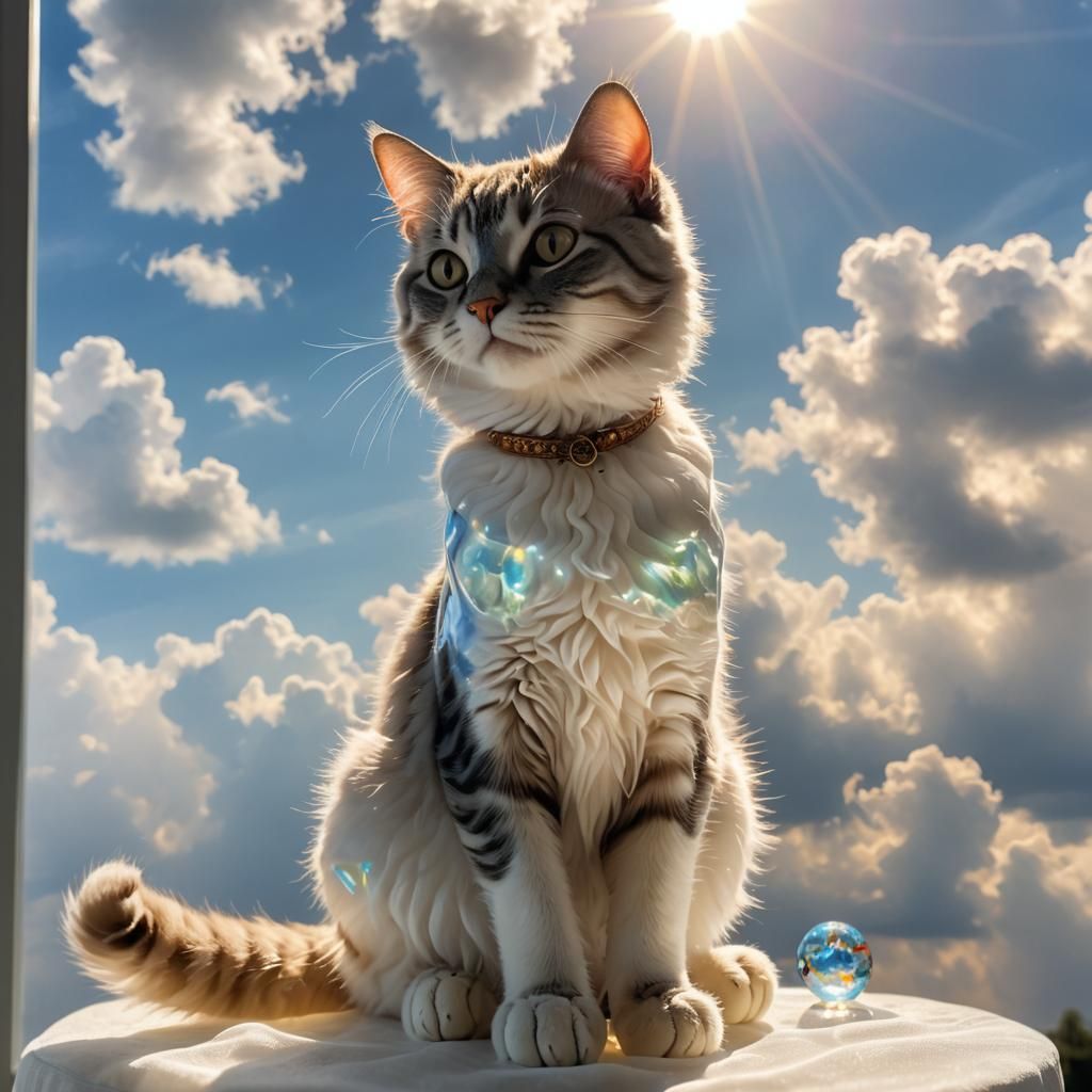 Glass-Blown Cat on Clouds with Soft Glow