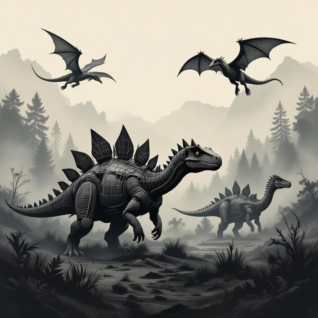 Wire Dinosaurs in Prehistoric Landscape, Charcoal Drawing St...