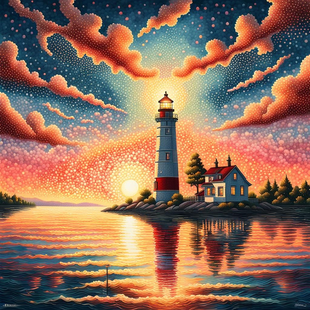 Pointillist Lighthouse Sunset on Serene Lake