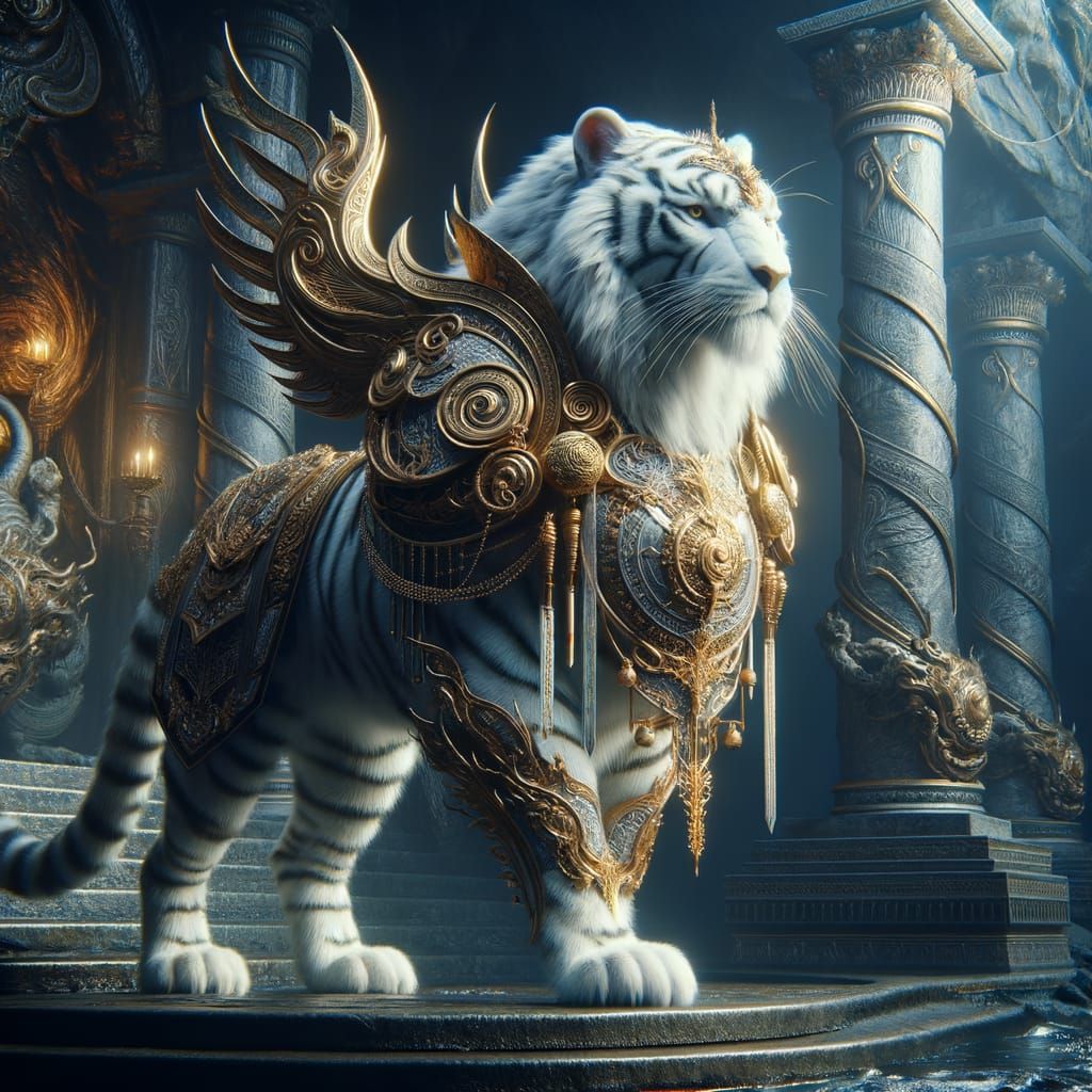 Armored White Tiger Guardian of Mystical Shrine