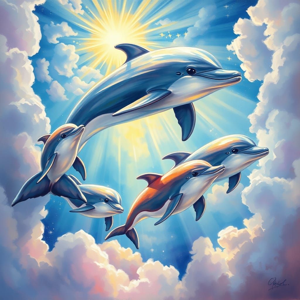Majestic Dolphin in Heavenly Harmony Gouache Painting