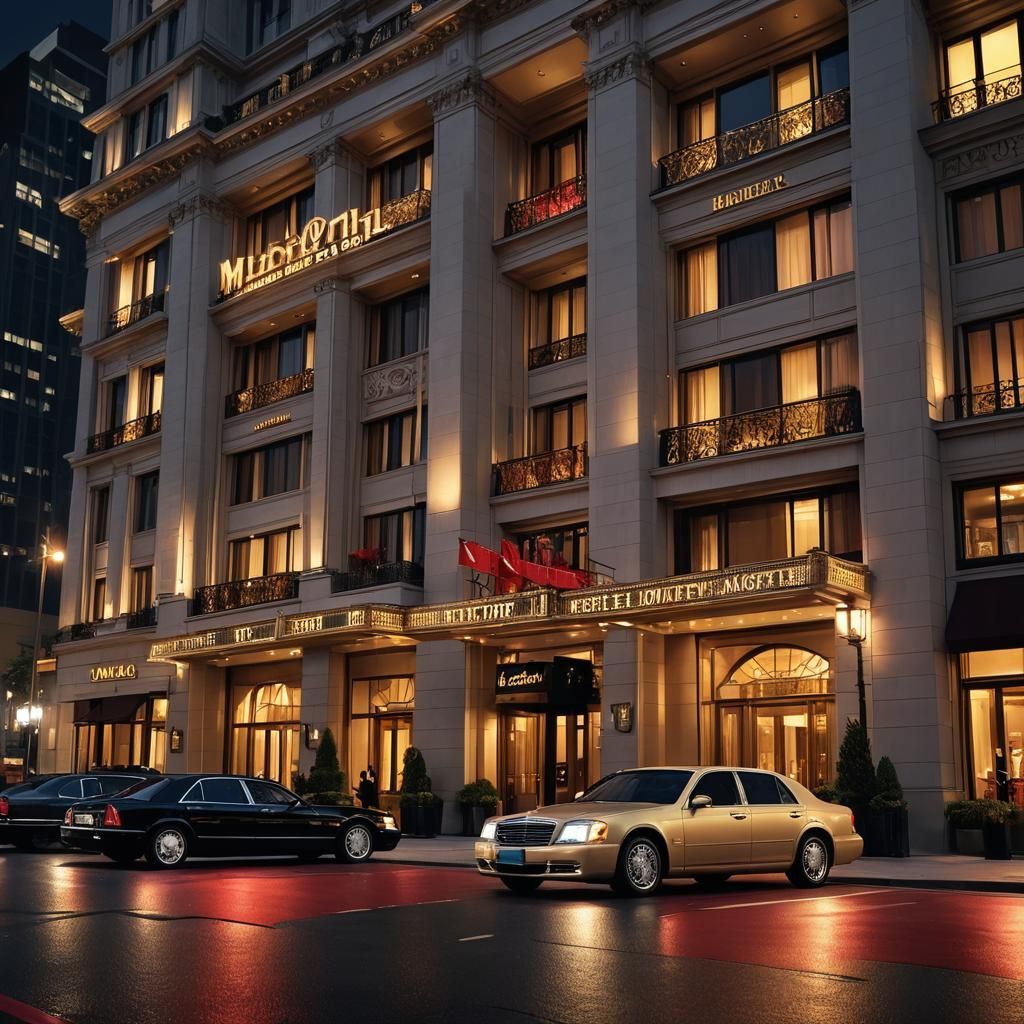 Luxury Hotel at Night in Gleaming Cityscape