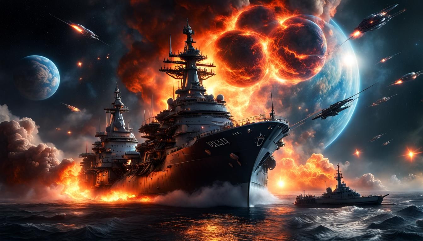 Burning Attack Ships: Hyperrealistic Cosmic Digital Painting