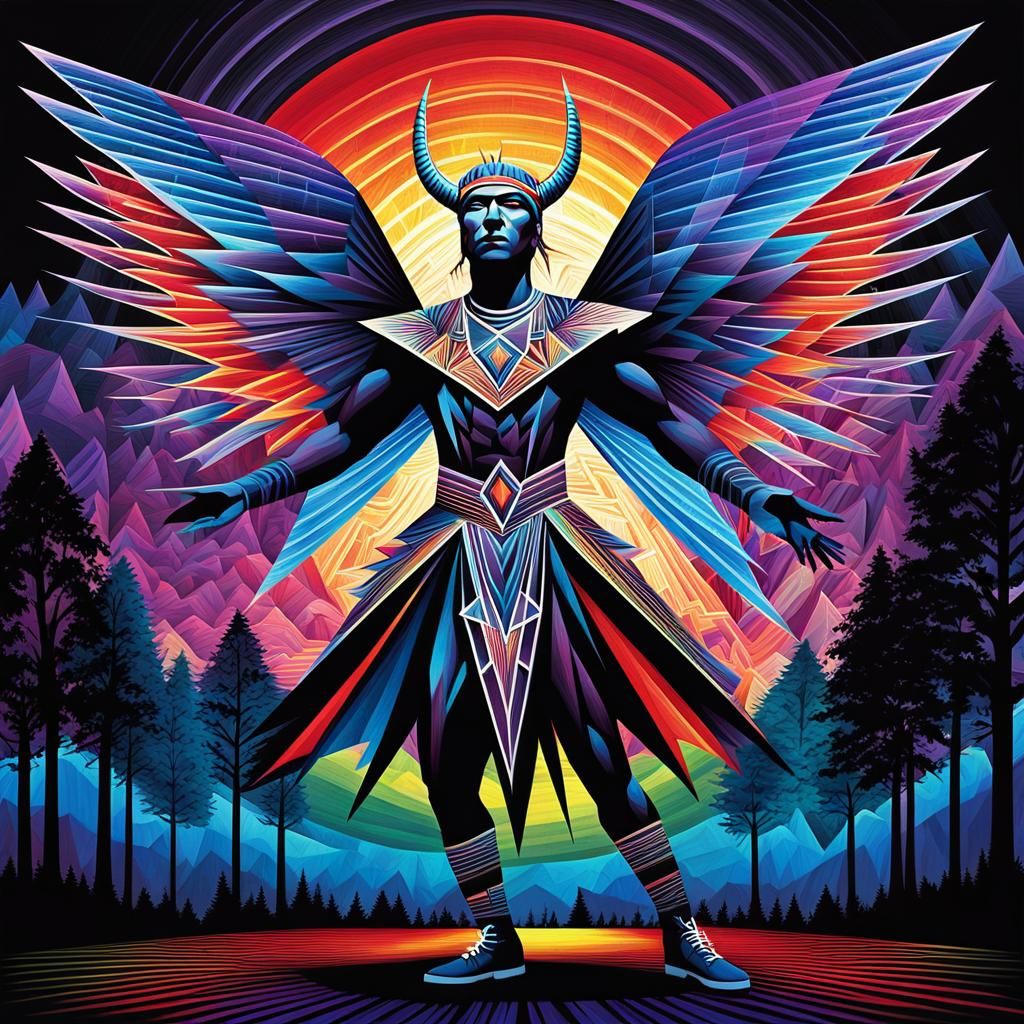 Cubist Native American Dancer with Geometric Wings