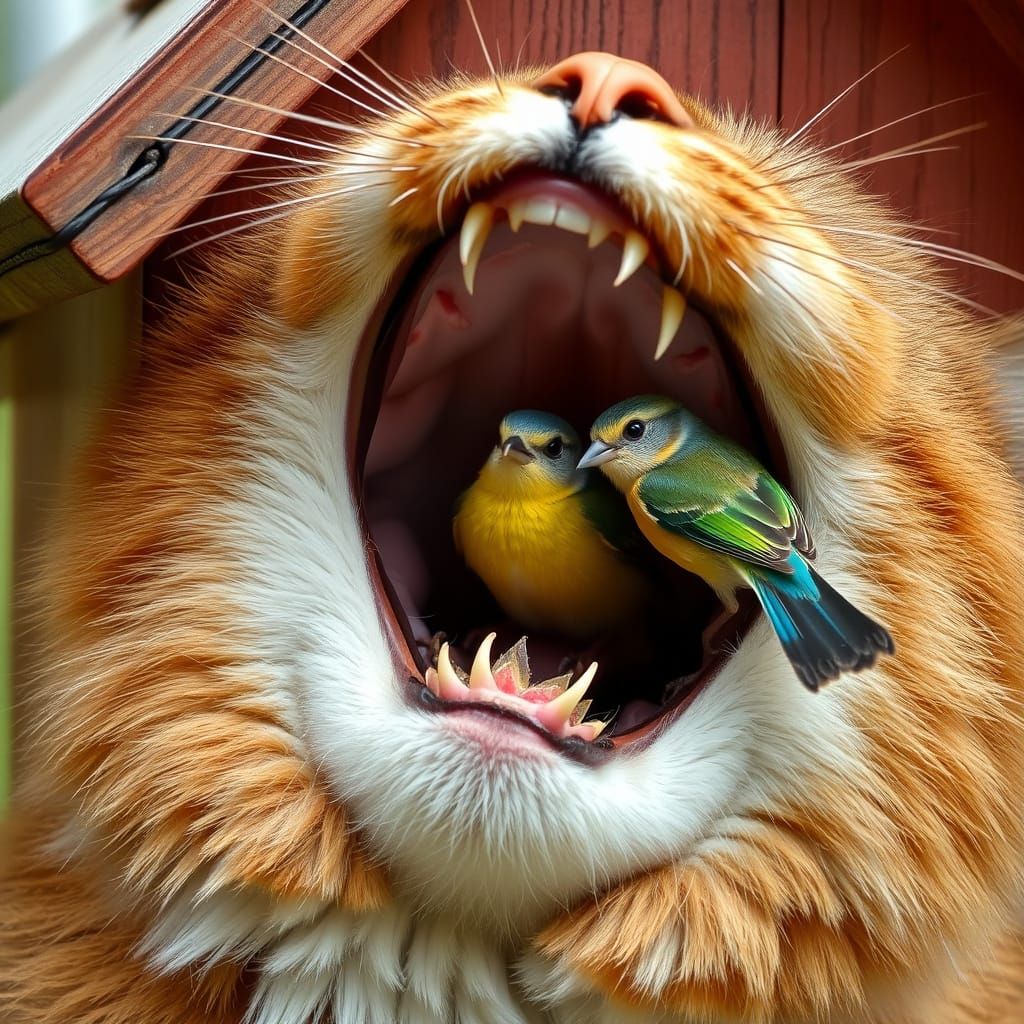 Cat Invites Birds Into Birdhouse