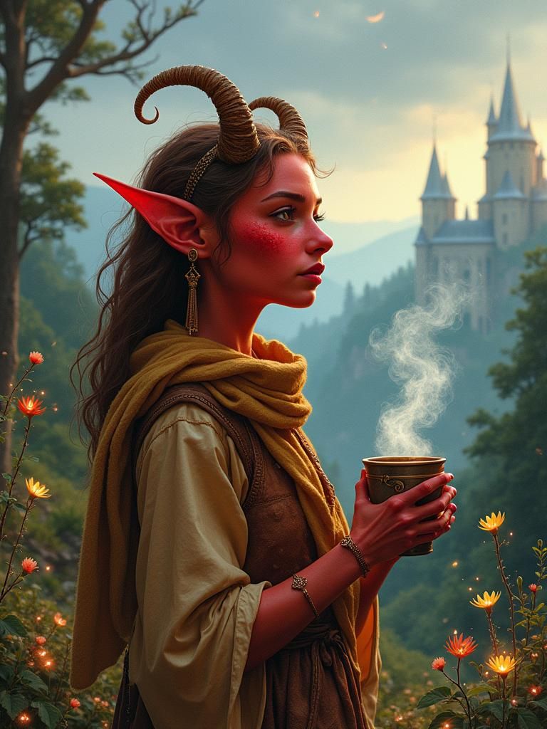 Tiefling Woman Gazing at Fantastical Landscape