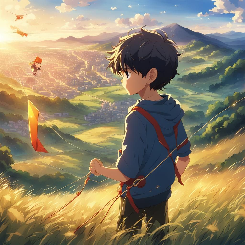 Boy Flying Kite at Golden Hour in Anime Style