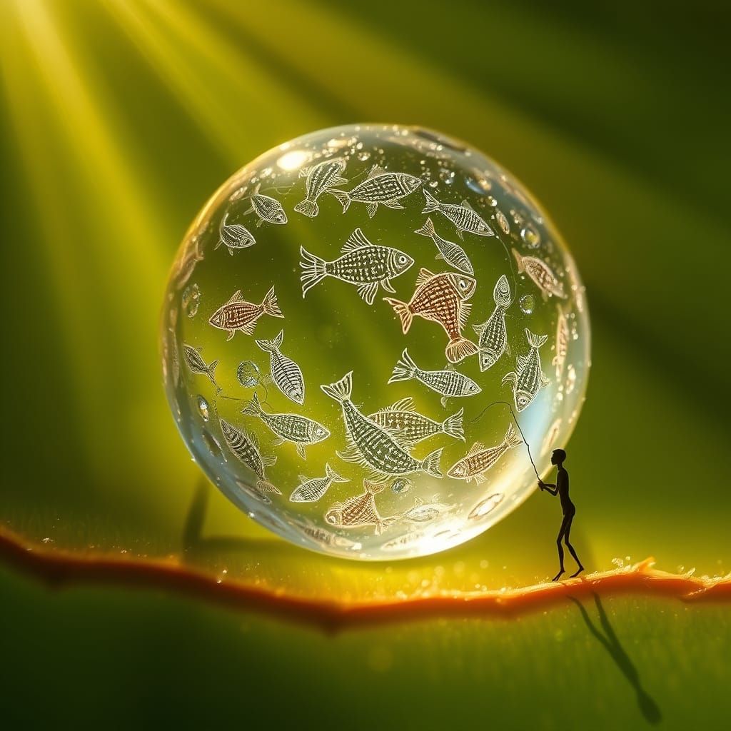 Microscopic World in Dewdrop with Fractal Fish