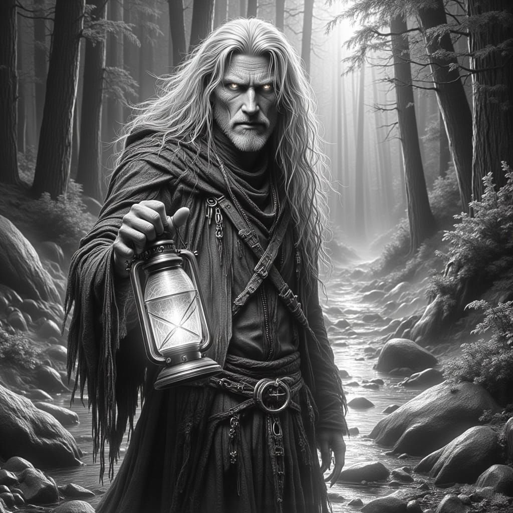 Mountain Guide with Lantern in Pencil Sketch Style