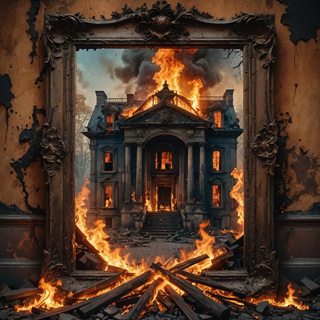 Burning Mansion Photo in Ornate Frame