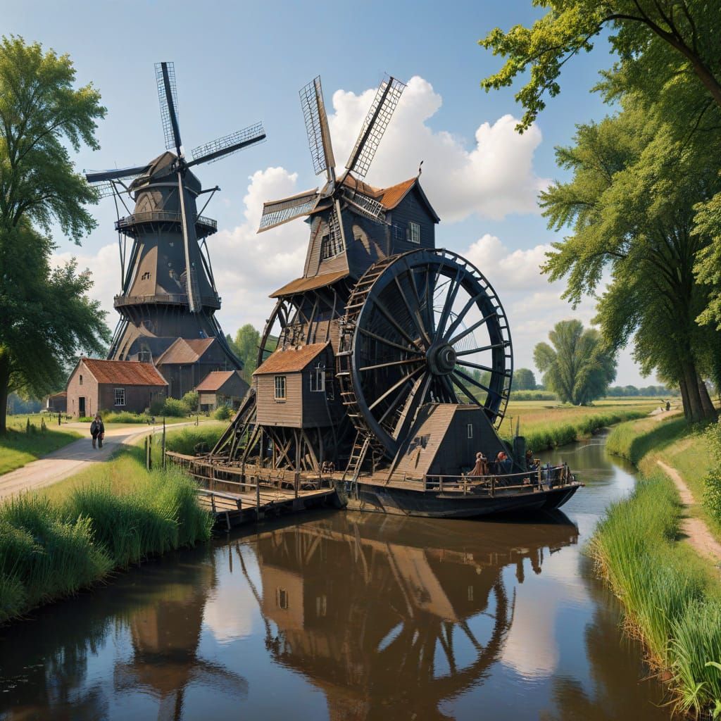 Vintage Dutch Paddlewheel Boat in Motion