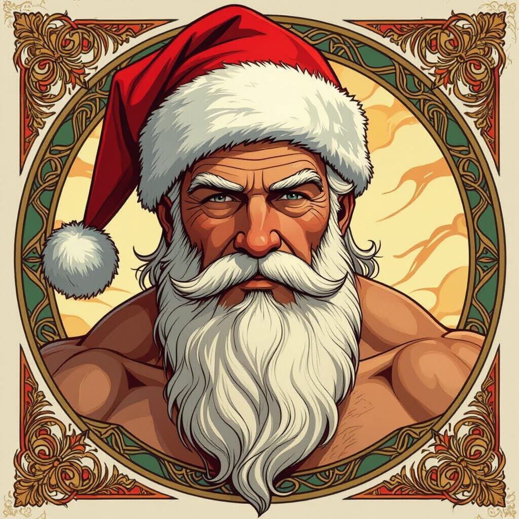 Muscular Santa Claus Portrait in Art Nouveau Style