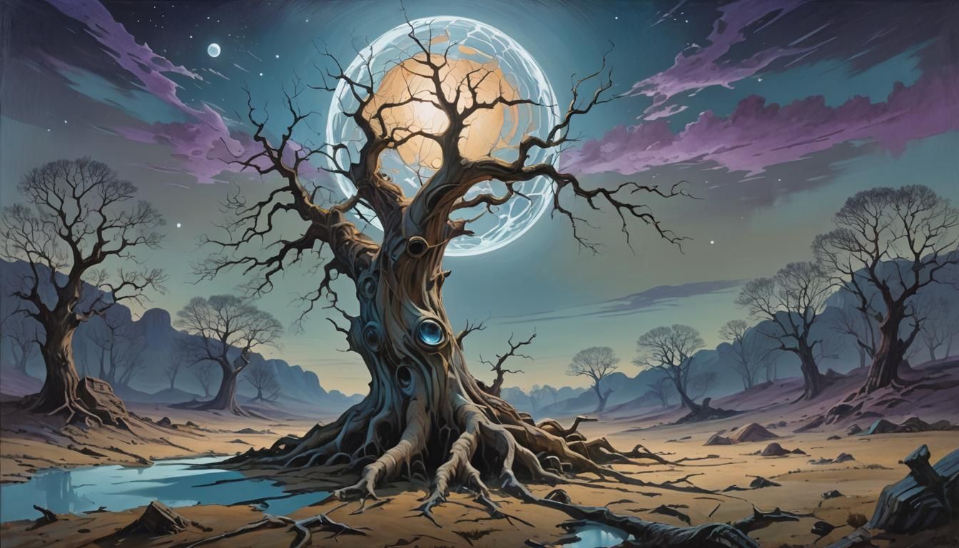 Glowing Orb in Barren Landscape, Mystical Painting