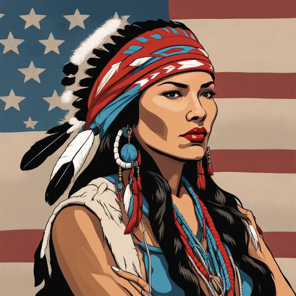 Native American Rosie the Riveter with Tribal Regalia