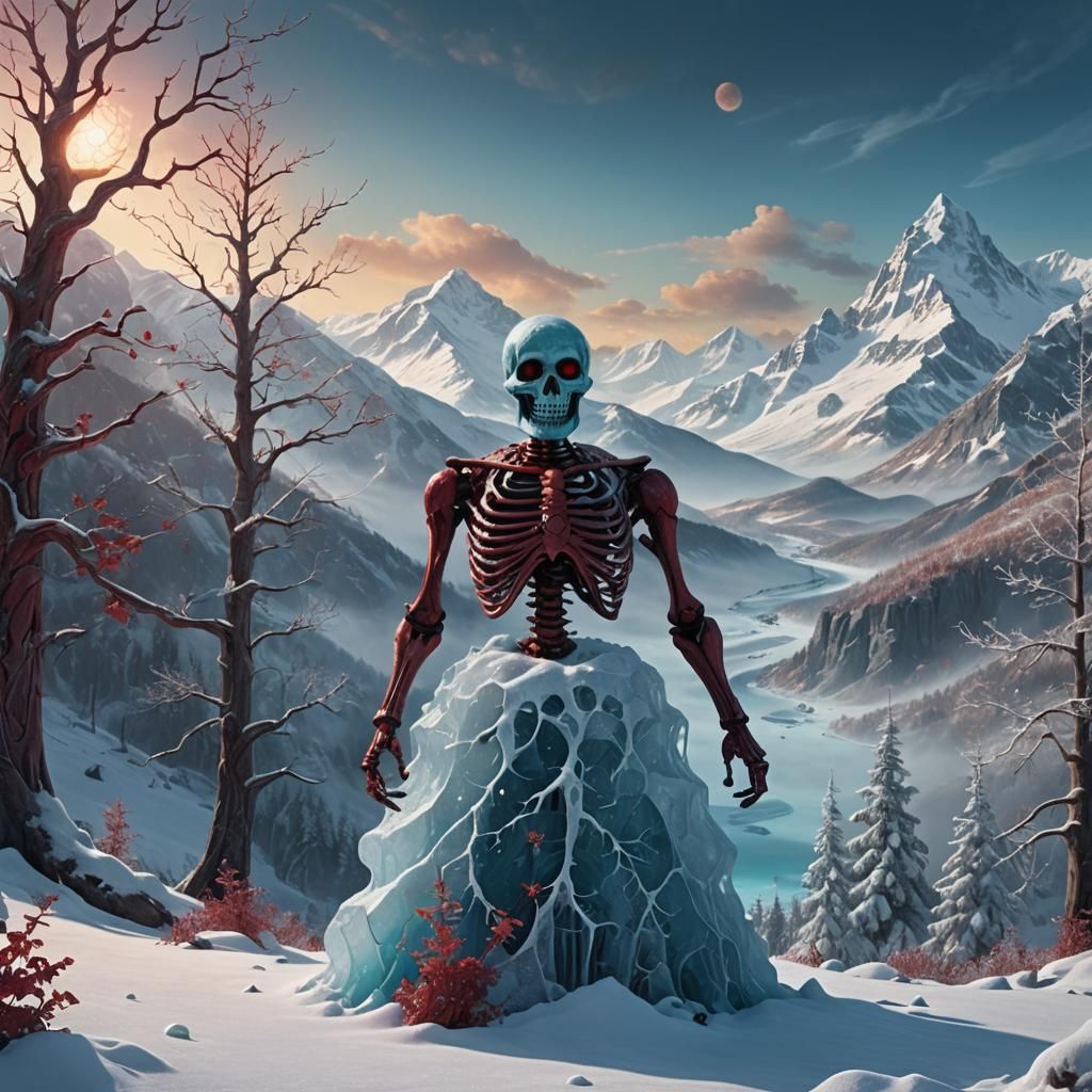 Red Skeleton in Snowman: Dark Fantasy Landscape